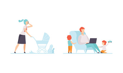 Man and Woman Parent Working and Nursing Children Combining Job and Family Duty Vector Set