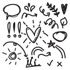 Hand drawn doodle set elements, black on white background. Arrow, heart, love, star, leaf, sun, light, flower, crown.