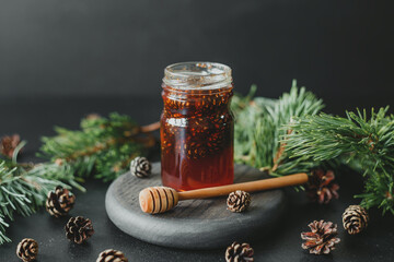 Pine cone jam in a glass jar, against the background of pine branches and cones.