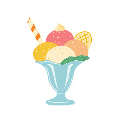 bright balls of yoghurt ice cream in a bowl. ice cream parlor. wafer rolls and waffle. frozen balls. stock vector cartoon illustration isolated on white background.