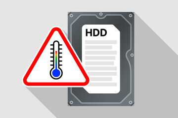 Hard disk drive and warning triangular sign with thermometer icon