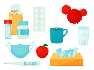 set of different objects on medical topics. Medications, pills, thermometer, mask, aspirin. Isolated on white. Vector illustration. Cartoon style.
