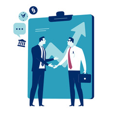 Agreement. Business project. Manager and new employee shaking hand in front of a business project. Business illustration