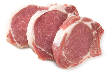 sliced raw pork meat isolated on white background. Clipping path and full depth of field