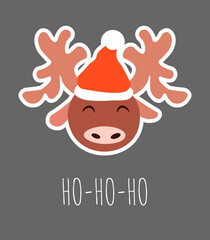 merry christmas greeting card reindeer sticker head with red traditional hat