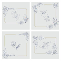 pointed pen off hand flourishes feather and flowers ink drawing holiday wreath vintage hand drawn calligraphy artwork with capital monogram for wedding invitation