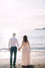 Fototapeta na wymiar Groom and bride stand on the beach and look at the sea. Back view