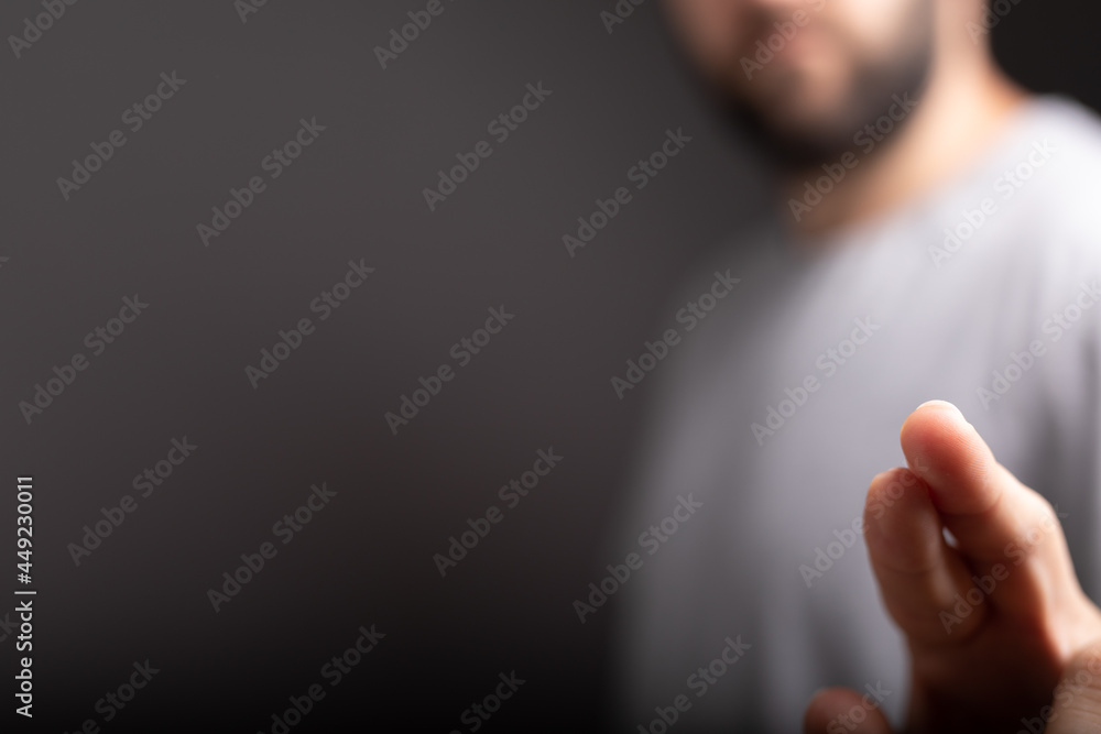 Poster Businessman pointing or touching finger in screen..