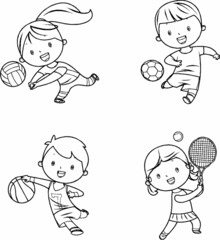 child playing sports - volleyball, football, soccer, basketball, tennis