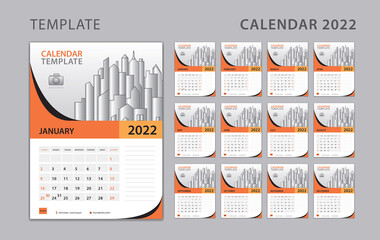 Wall calendar 2022 orange color concept, Set Desk Calendar 2022 template can be place for Photo and Company Logo. Week Starts on Sunday. Set of 12 Months, Planner, holiday event, graphic print 