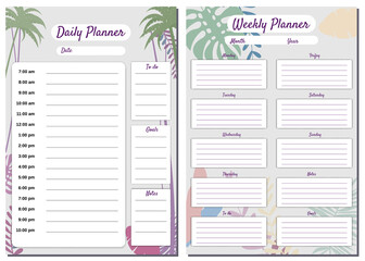 Weekly, Daily Planner Set template vector. Palms floral decoration background, timetable, To Do list, goals, notes. Business notebook management, organizer