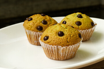 Pandan cupcakes with choco chip isolated on white background.
