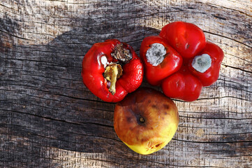 Alte schimmelnde Paprika und ein faulender Apfel