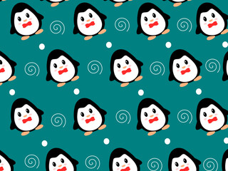 Cute penguin seamless pattern vector on green background