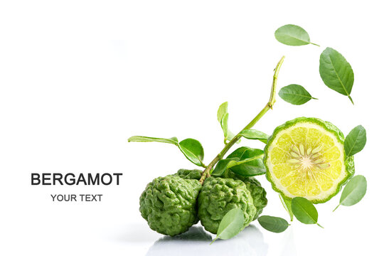 Fresh bergamot fruit or kaffir lime with cut in half on white background with copy space.