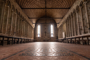 Beautiful interiors of the Abbey of Mont Saint-Michel inside, in the department of Manche, Normandy region, France - obrazy, fototapety, plakaty