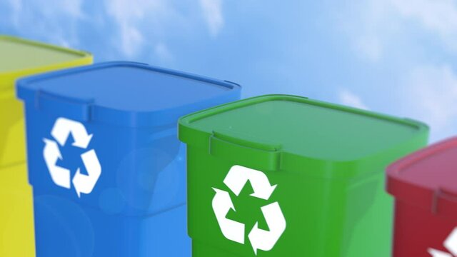 close-up  of waste bins in different colours with sky on background (3d render)