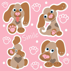 funny dog smile stickers brown white pink long ears paws nose blue eyes pet