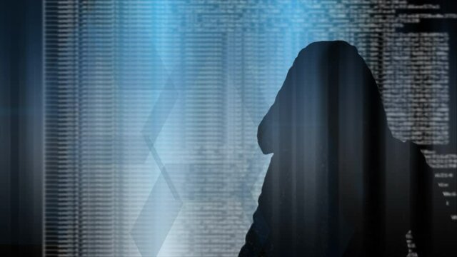 Hacker concept. Shot of a girl in a hoodie walking with some matrix code running in the background with a searching glass scanning.
