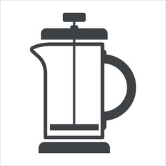 Black filled coffee maker vector icon isolated on white transparent background. Cafe and French press for tea and coffee Symbol.