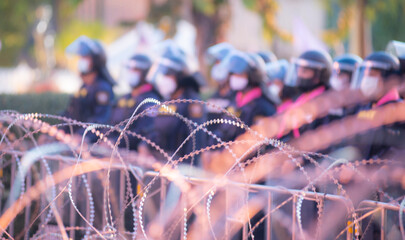 Blurred image of, crowd of control officers, demonstrations, people's protests against the ruling...