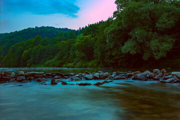 sunset on the river in the mountains - obrazy, fototapety, plakaty