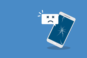 Broken smartphone with sad smile. Broken phone service, recovery and repair concept.	
