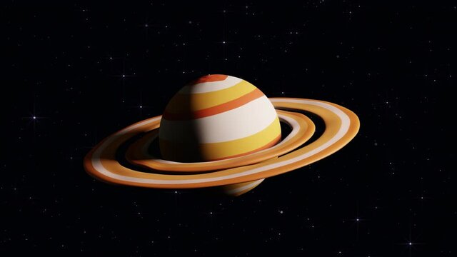 Planet saturn in cartoon style rotates. 3d planet with rotating rings. Looped animation