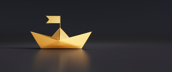 Single golden paper boat on black background with copy space