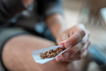 young man rolls a marijuana cigarette. close up