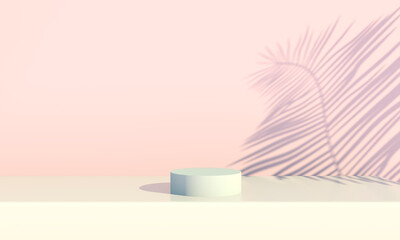 Podium with palm leaves on pastel background. Concept scene stage showcase for product, promotion, sale, banner, presentation, cosmetic. Minimal showcase empty mock up. 3d