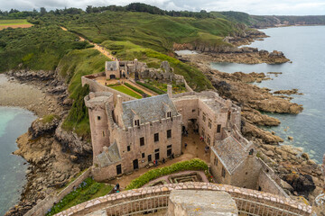 Fototapeta premium Aerial view of Fort-la-Latte by the sea at Cape Frehel and near Saint-Malo, Plevenon peninsula, French Brittany. France
