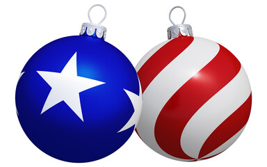 Blue with white stars Christmas balls. Red and white stripes. USA. America. Merry Christmas. Background for banner, poster, flyer, greeting card. 3d render. Backdrop for design. Wallpapers. Isolated.