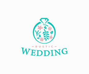 Rustic wedding logo design. Bridal ring of flowers and plants with diamond vector design. Wedding jewelry logotype