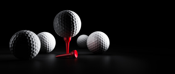Golf ball with club and red tee on black background - studio shot