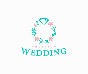 Rustic wedding logo design. Bridal ring of flowers and plants with diamond vector design. Wedding jewelry logotype