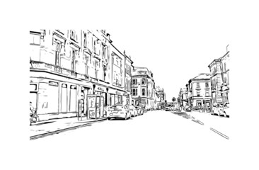 Building view with landmark of Inverness is the 
city in Scotland. Hand drawn sketch illustration in vector.