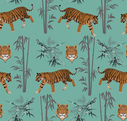 Tigers in jungle seamless pattern.