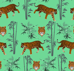 Tigers in jungle seamless pattern. Vector illustration.
