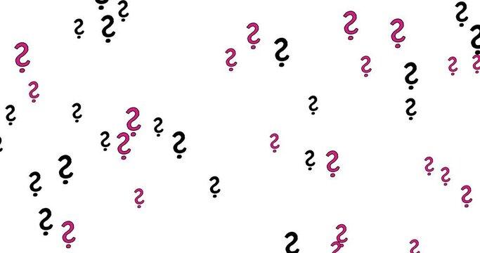Many question marks flying randomly. Concept of questioning - why, who, where, when. White background. 4K animation.