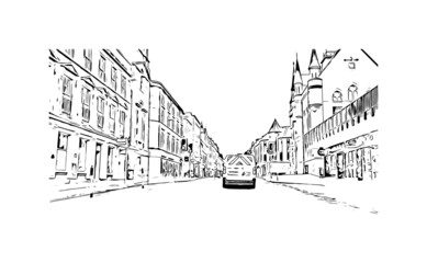 Building view with landmark of Inverness is the 
city in Scotland. Hand drawn sketch illustration in vector.