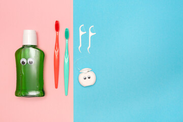 Flat lay. Oral care kit. Dental hygiene. Copy space. Place for text. Mockup. Round eyes. Googly Eyes. Cheerful morning.