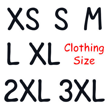 Clothing size doodle logo icon sign Alphabet letter xs s m l xl 2xl 3xl symbol Hand drawn design Cartoon style Fashion print clothes apparel greeting invitation card cover flyer ad banner badge label
