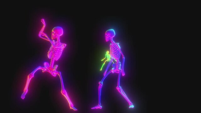 Seamless animation of glowing skeletons dancing thriller. Funny halloween background  with neon flare.
