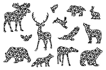 Forest animals silhouettes with geometric ornament. Decorative elements set on white background