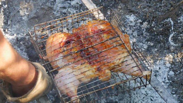 Whole juicy with spices grilled chicken tabaka or tapaka at summer picnic