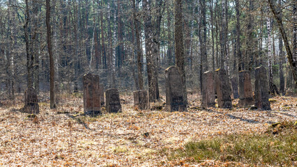 Abandoned tombstones at the old Jewish cemetery. Hebrew inscriptions on tombstones. Old Jewish...