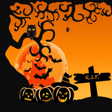 Vector for silhouette Halloween night with cute cartoon of bat, owl and spider hanging from tree beside cemetery and tombstone and pumpkin devil on full moon or moonlight background.