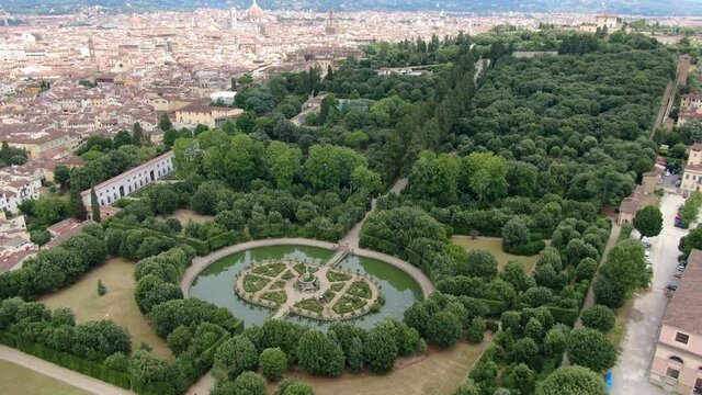 Flying over Boboli gardens in Florence, Tuscany, Italy, Europe
