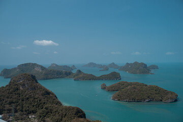 Panoramic view from the sea to the marine park and islands and mountains